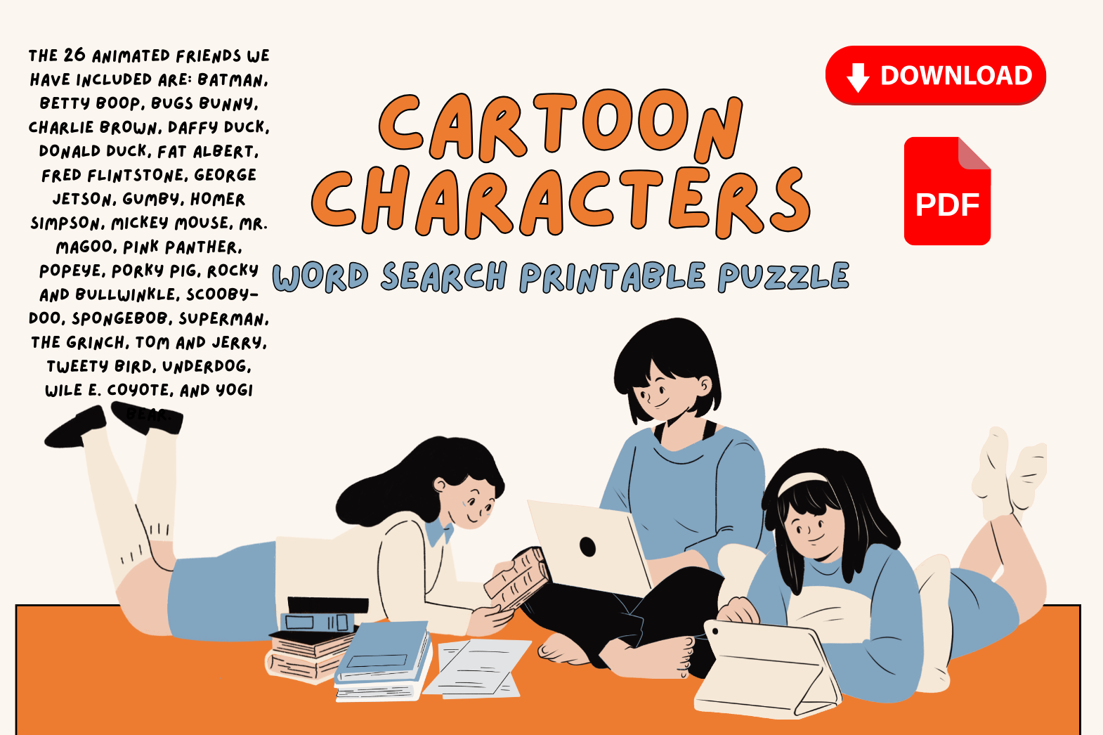 Cartoon Characters Word Search Printable Puzzles