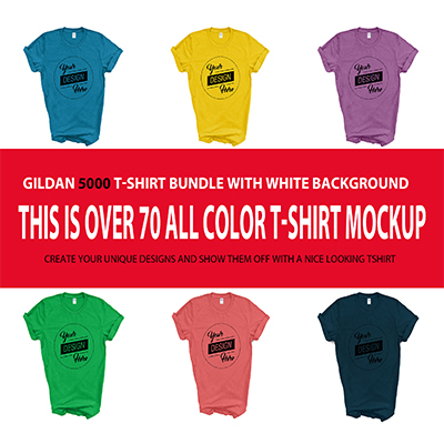 Gildan 5000 Unisex T-Shirt Mockup Mega Bundle White Backdrop