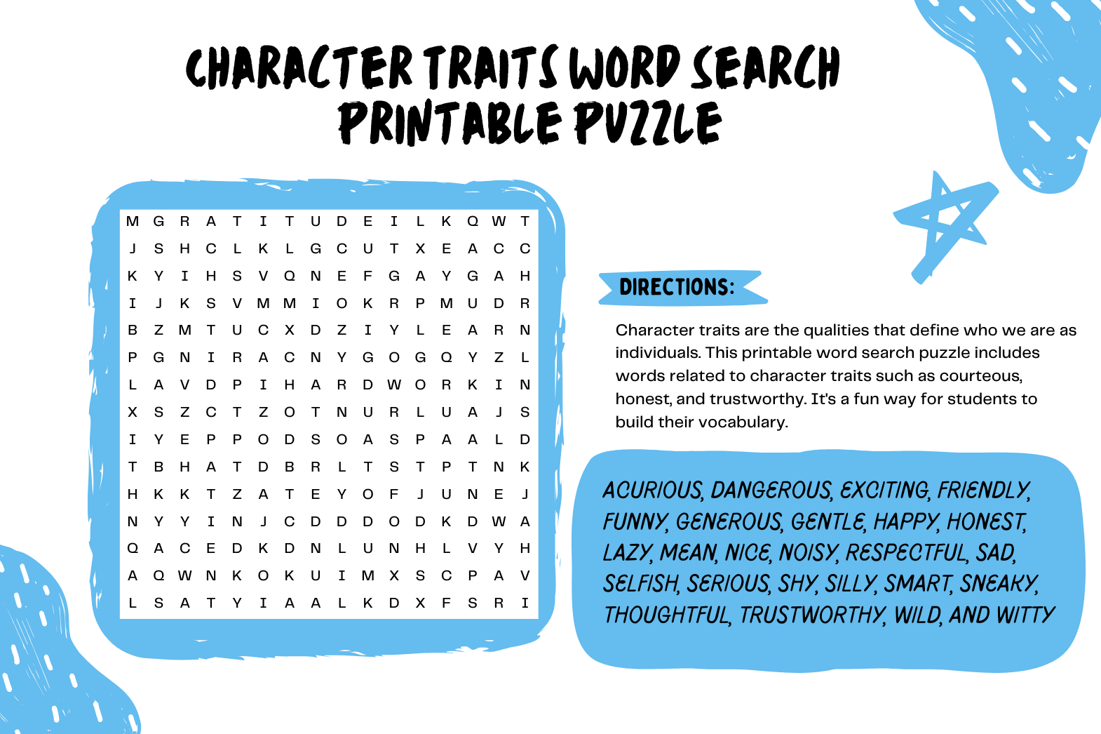 Character Traits Word Search Printable Puzzle