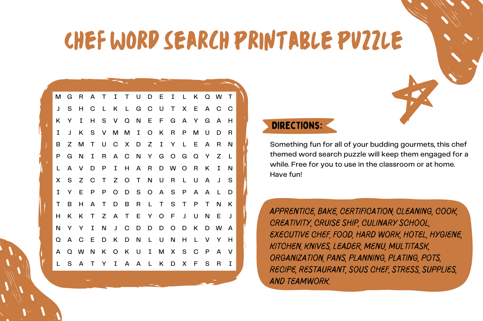 Chef Word Search Printable Puzzles